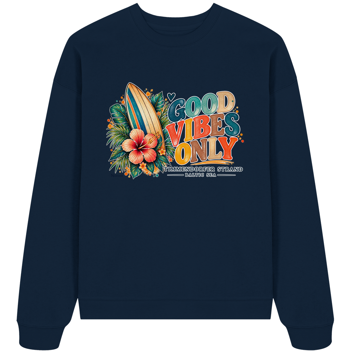 Timmendorfer Strand – Surf Vibes – Unisex Bio-Oversize-Sweatshirt mit Frontprint in French Navy – Shirtigo-Katalog-Vorderansicht.