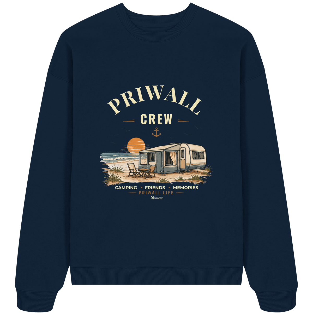 Bio Oversize Sweatshirt in French Navy mit korrigiertem Priwall-Crew-Motiv der Dark Edition – Vorderansicht