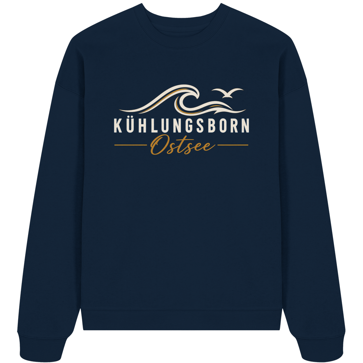 Shirtigo-Originalmockup: Bio-Oversize-Sweatshirt Kühlungsborn Baltic Waves, Dark Edition, French Navy, Vorderansicht mit Motiv.