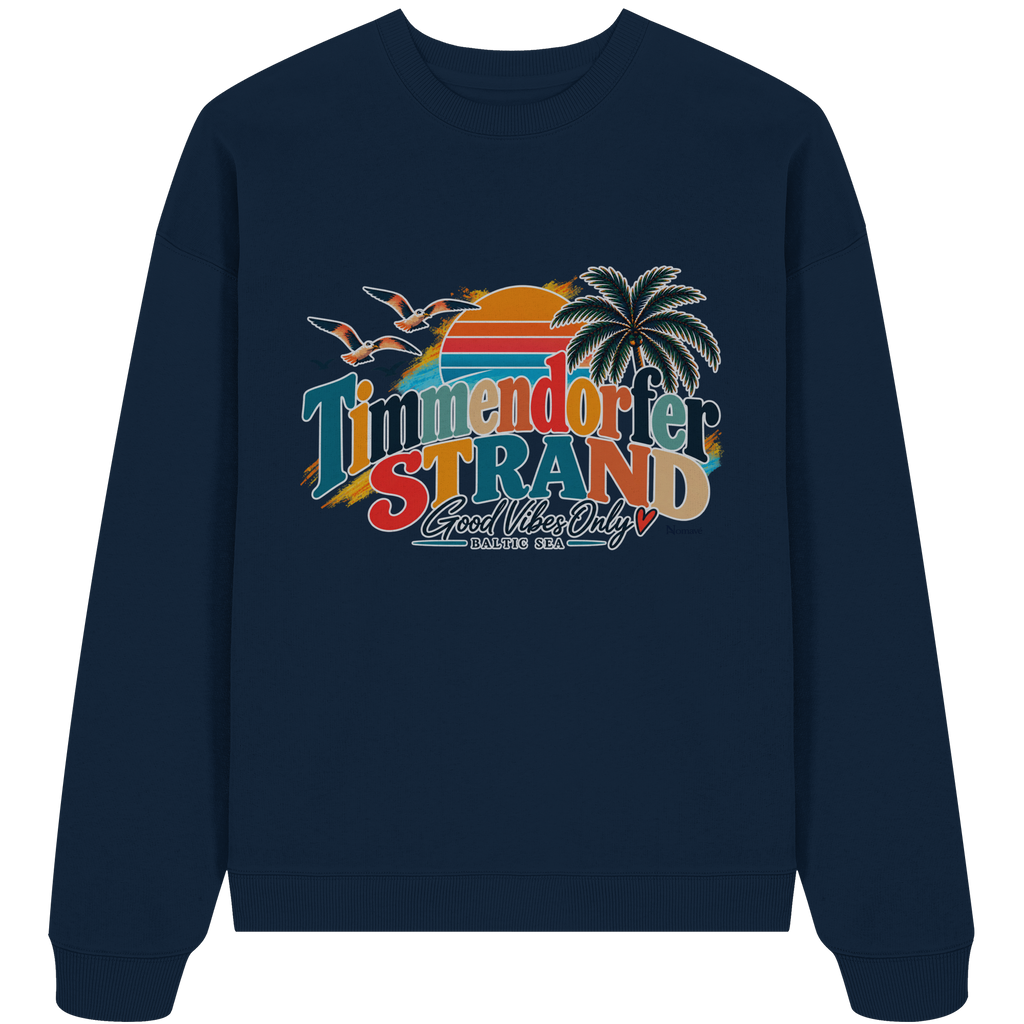 Unisex-Oversize-Sweatshirt in French Navy – Originalmockup der Vorderseite mit Timmendorfer-Strand-Good-Vibes-Only-Frontprint.