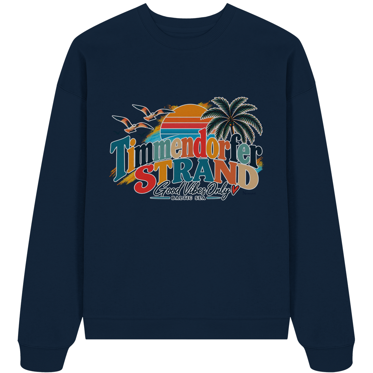 Unisex-Oversize-Sweatshirt in French Navy – Originalmockup der Vorderseite mit Timmendorfer-Strand-Good-Vibes-Only-Frontprint.