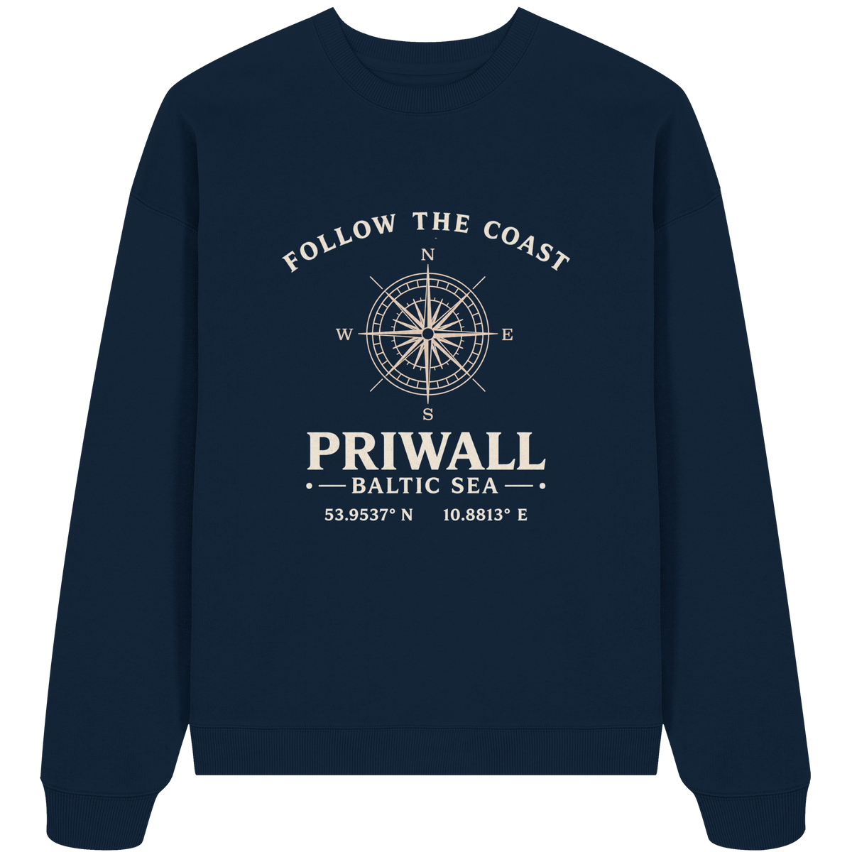 Dunkelblaues Priwall Follow the Coast Oversize Bio-Sweatshirt mit Kompassrose