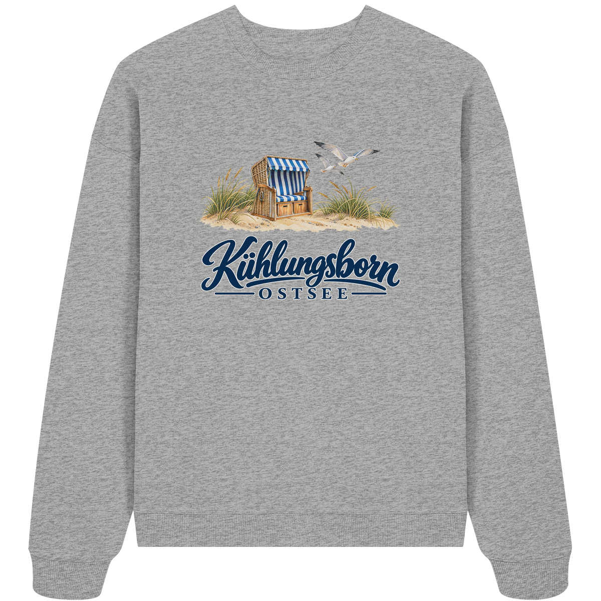 Bio-Oversize-Sweatshirt Kühlungsborn – Strandkorb & Ostsee, Heather Grey, Shirtigo-Originalmockup der bedruckten Vorderseite.