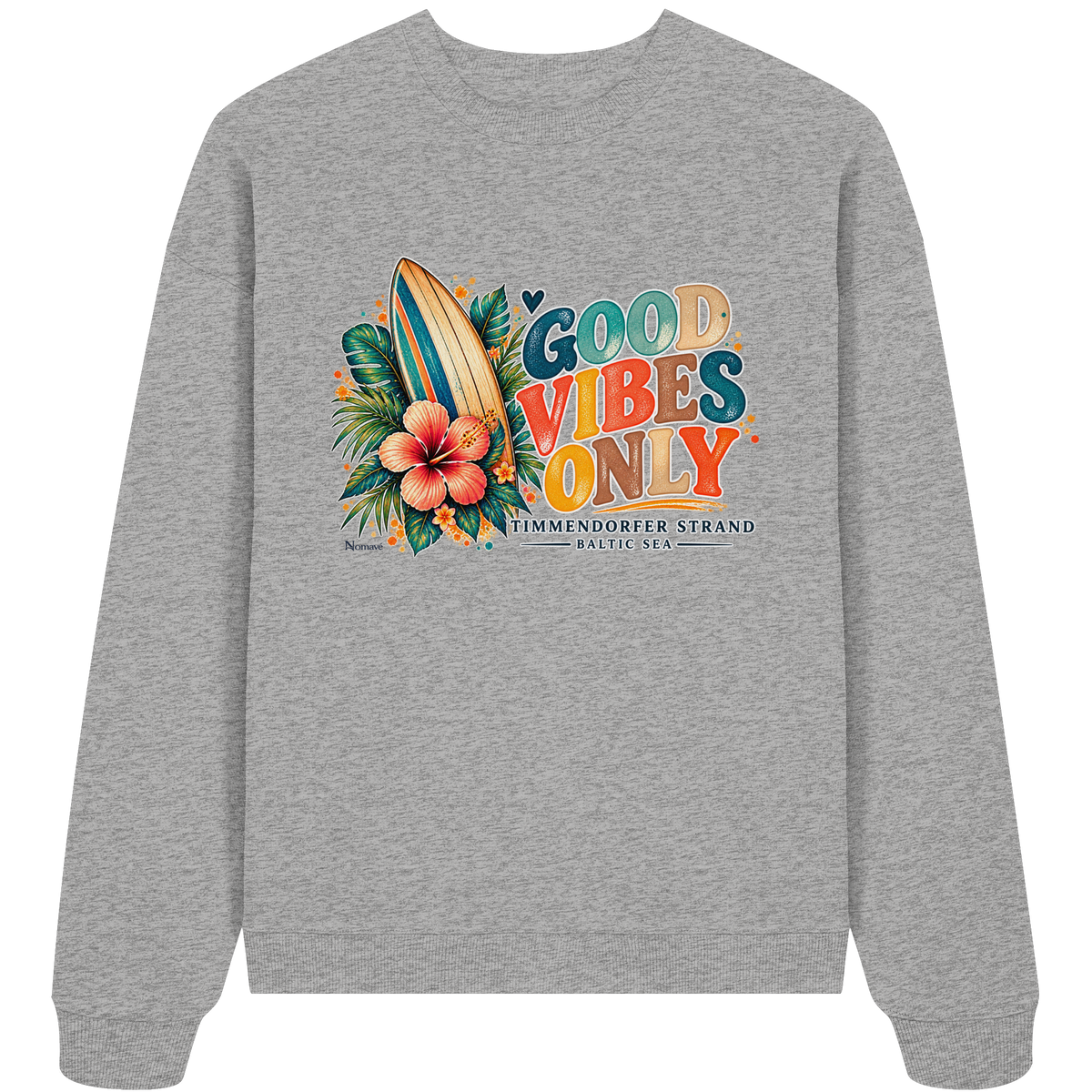 Timmendorfer Strand – Surf Vibes – Unisex Bio-Oversize-Sweatshirt mit Frontprint in Heather Grey – Shirtigo-Katalog-Vorderansicht.