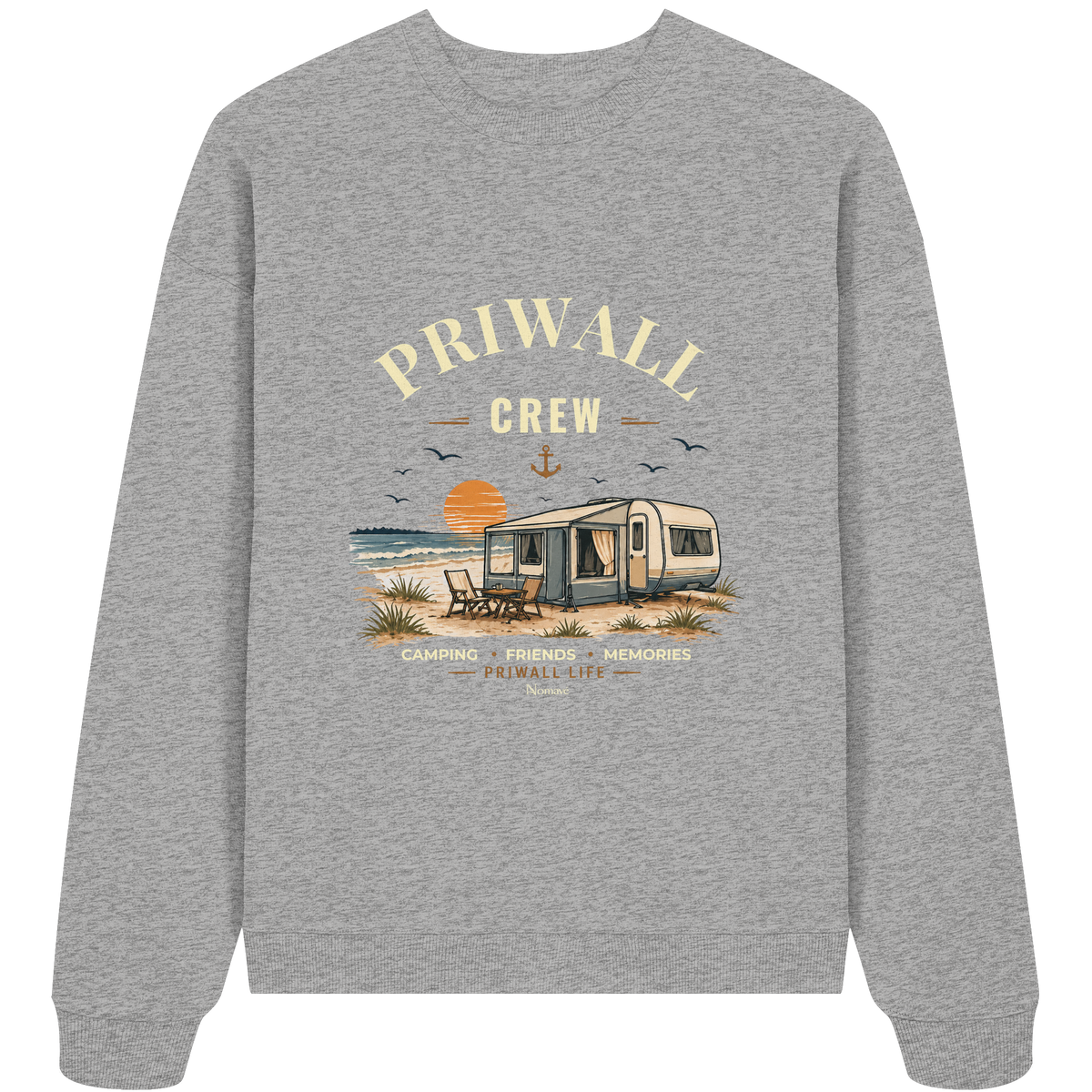Bio Oversize Sweatshirt in Heather Grey mit korrigiertem Priwall-Crew-Motiv der Dark Edition – Vorderansicht