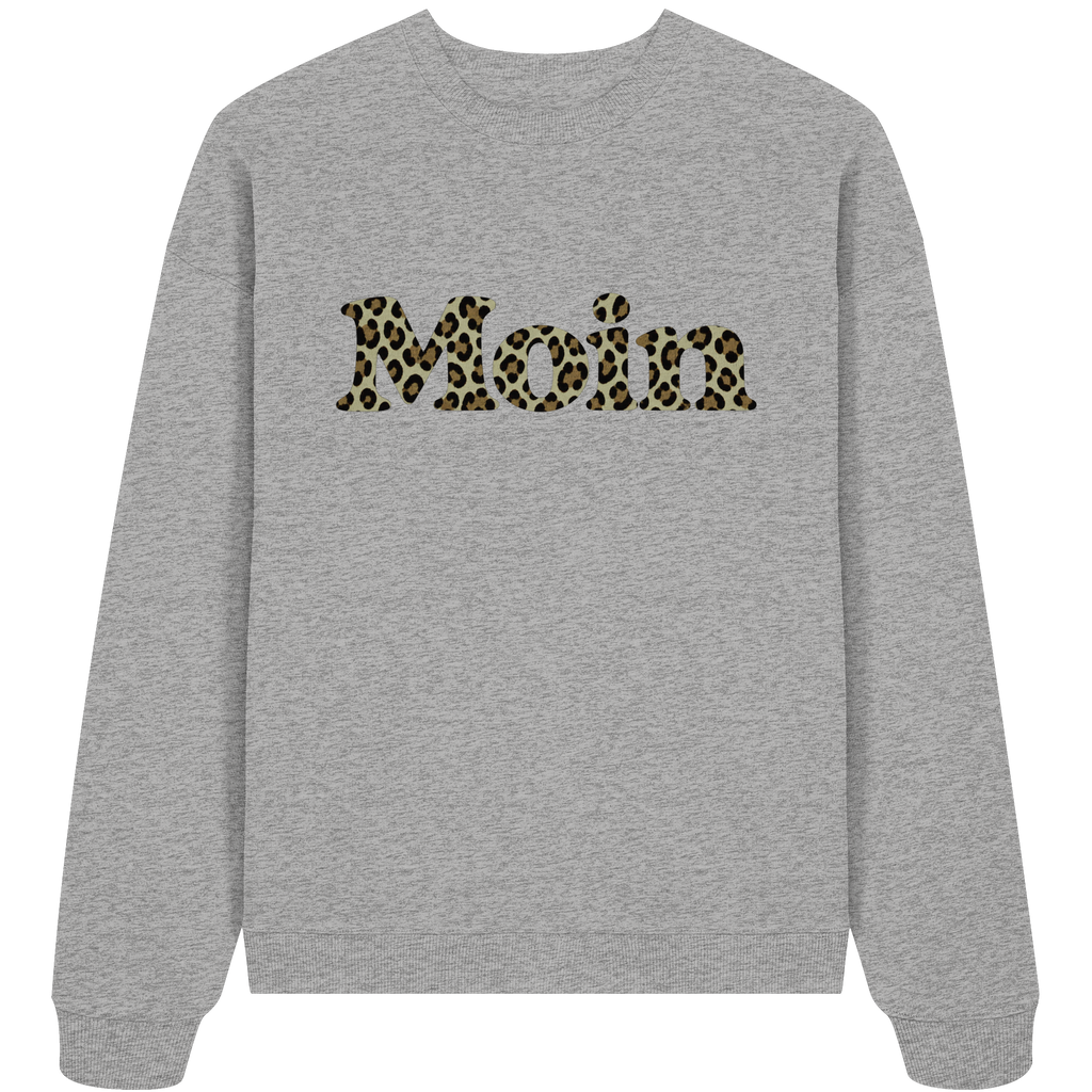 Bio Oversize Sweatshirt in Heather Grey mit Moin-Leoprint in Sage Green als Frontprint, Original-Mockup.
