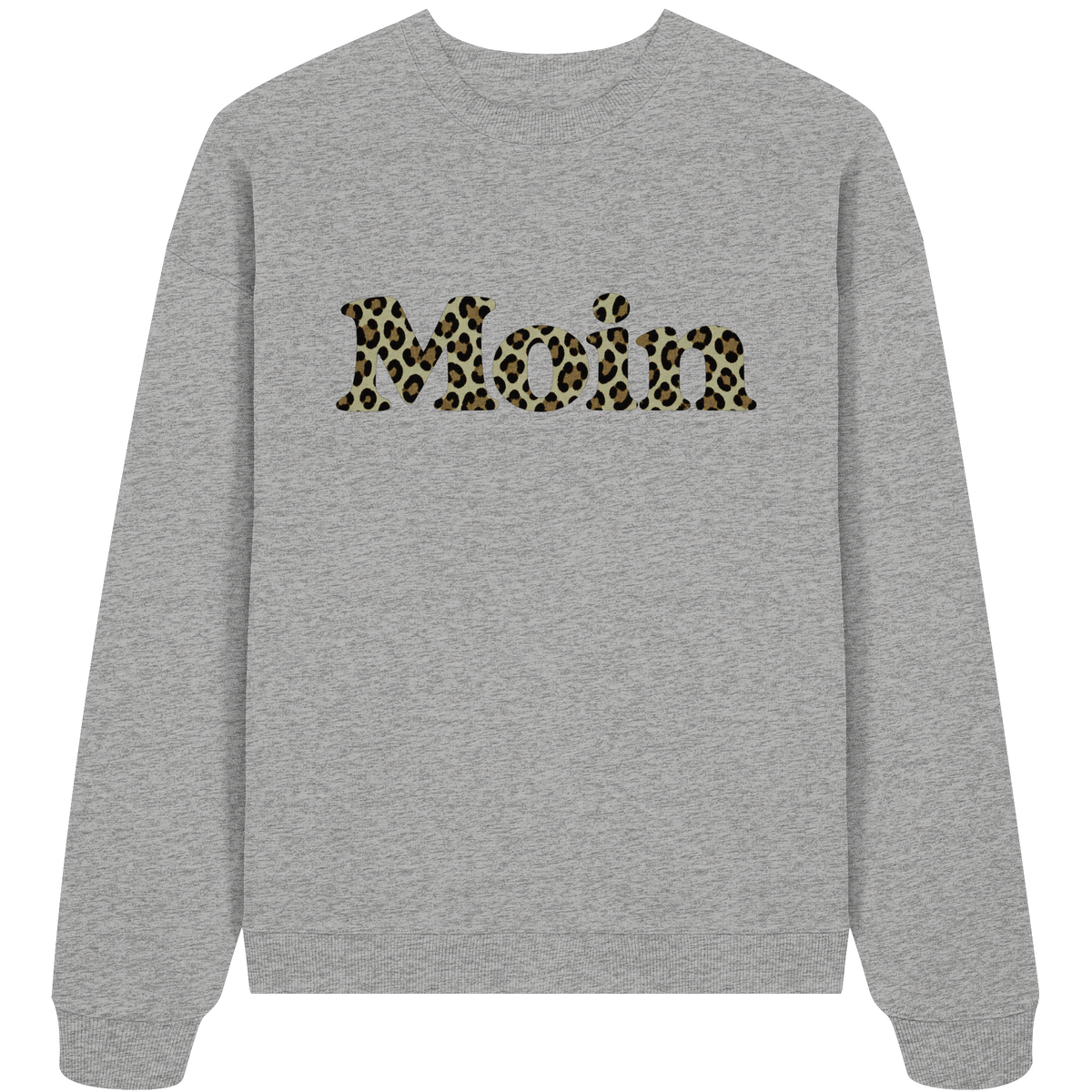 Bio Oversize Sweatshirt in Heather Grey mit Moin-Leoprint in Sage Green als Frontprint, Original-Mockup.