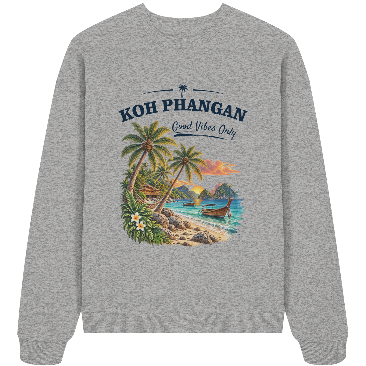 Koh Phangan Good Vibes Only – Bio Oversize Sweatshirt – Frontprint – Original-Mockup organic oversize sweatshirt heather grey mit Motivdruck