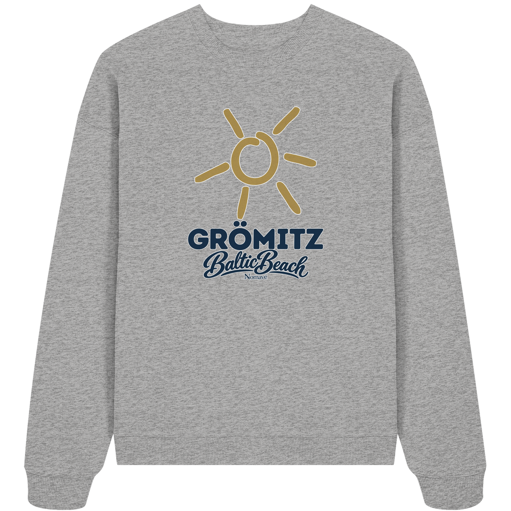 Bio Oversize Sweatshirt Grömitz Sonne Baltic Beach in Heather Grey – Frontdruck mit goldener Sonne, Shirtigo-Originalmockup 3