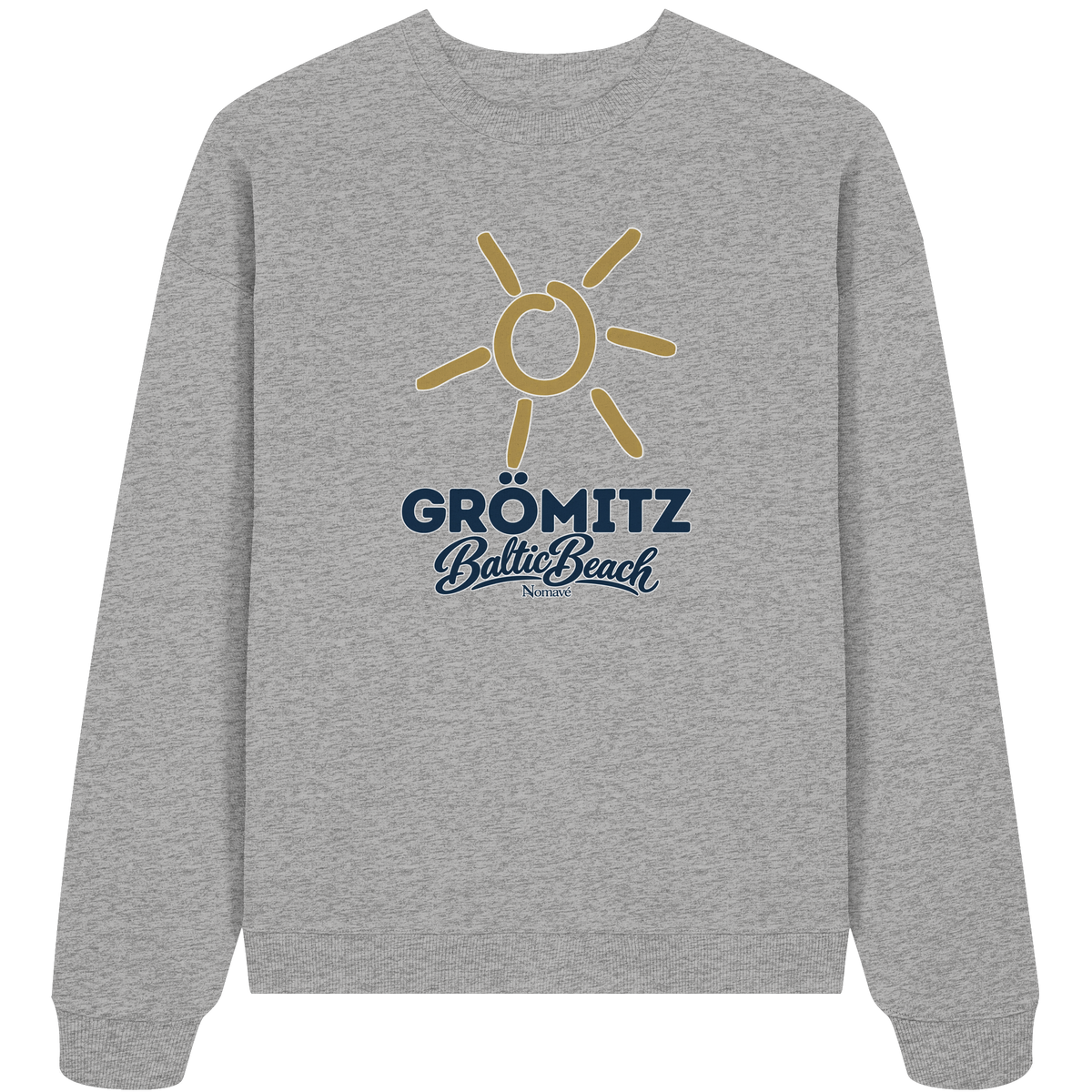 Bio Oversize Sweatshirt Grömitz Sonne Baltic Beach in Heather Grey – Frontdruck mit goldener Sonne, Shirtigo-Originalmockup 3
