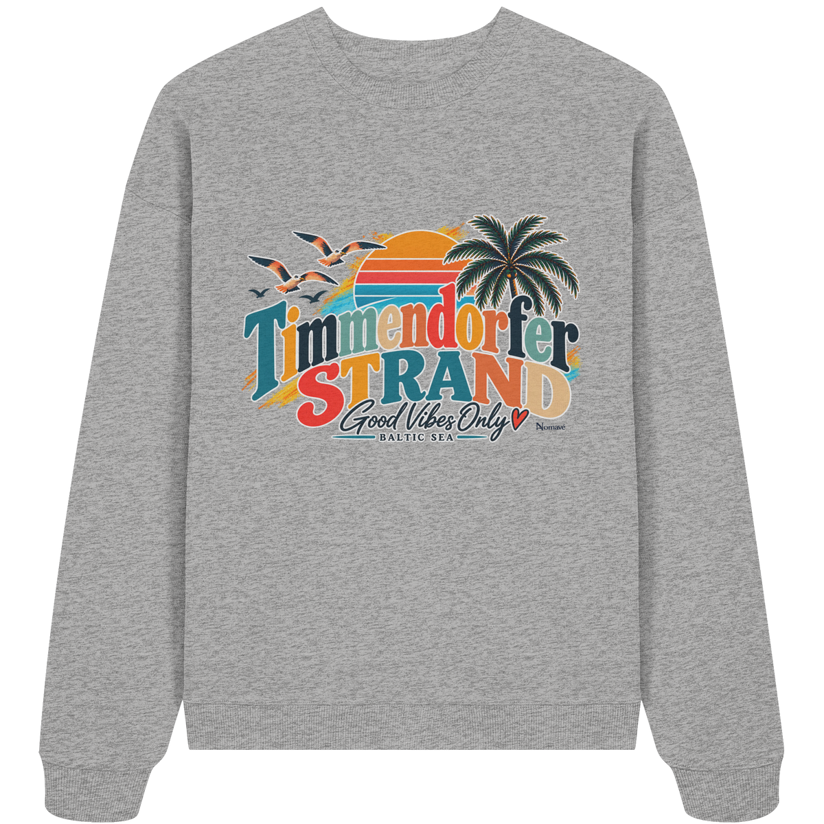 Unisex-Oversize-Sweatshirt in Heather Grey – Originalmockup der Vorderseite mit Timmendorfer-Strand-Good-Vibes-Only-Frontprint.