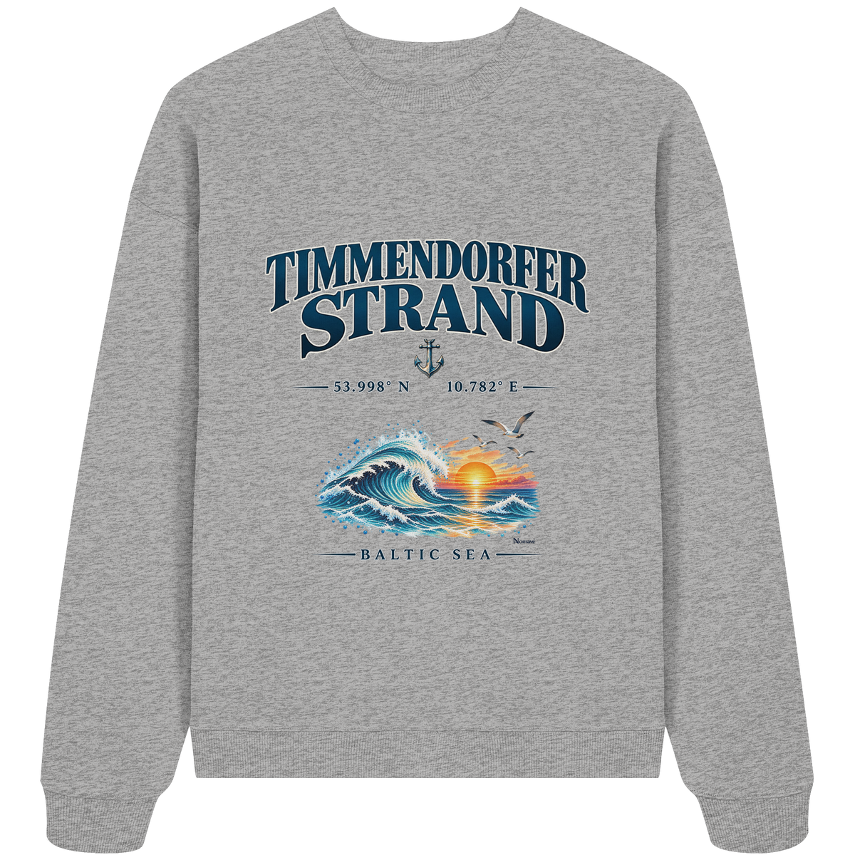 Original-Mockup 7: Unisex Bio-Oversize-Sweatshirt in Heather Grey mit Timmendorfer Strand – Baltic Sea Frontprint.