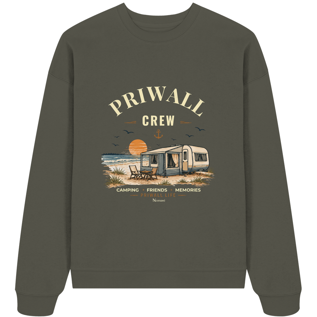 Bio Oversize Sweatshirt in Khaki mit korrigiertem Priwall-Crew-Motiv der Dark Edition – Vorderansicht