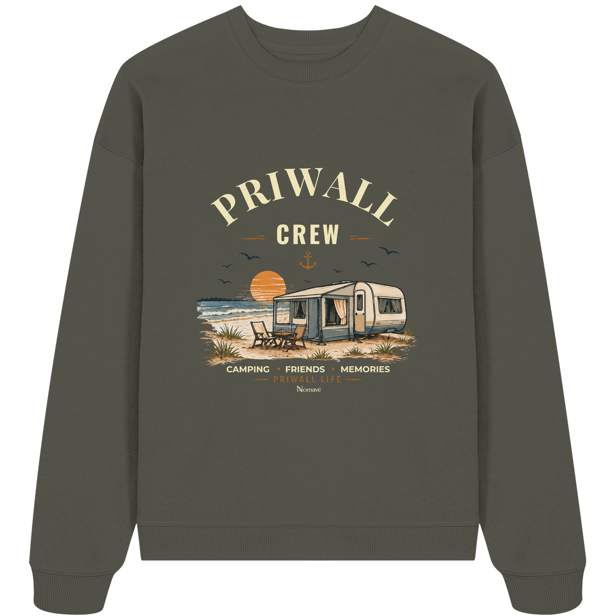 Bio Oversize Sweatshirt in Khaki mit korrigiertem Priwall-Crew-Motiv der Dark Edition – Vorderansicht