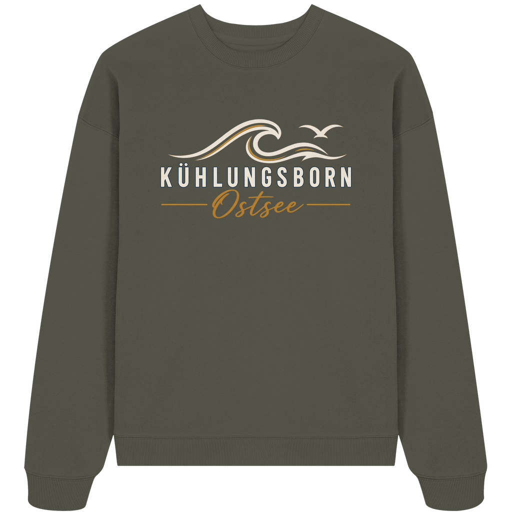 Shirtigo-Originalmockup: Bio-Oversize-Sweatshirt Kühlungsborn Baltic Waves, Dark Edition, Khaki, Vorderansicht mit Motiv.