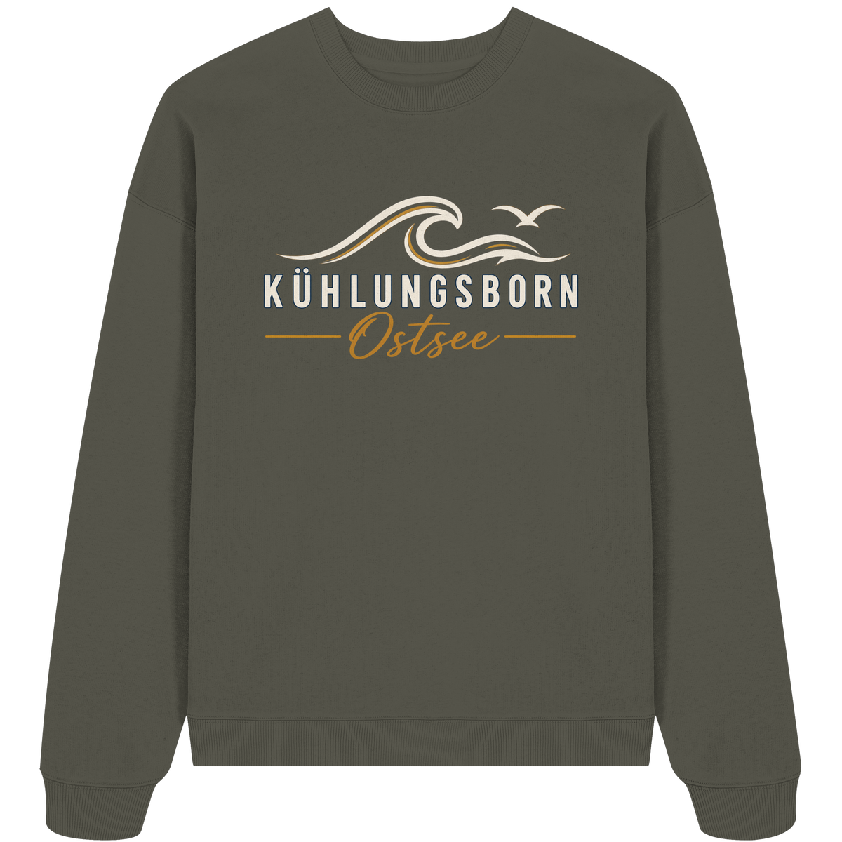 Shirtigo-Originalmockup: Bio-Oversize-Sweatshirt Kühlungsborn Baltic Waves, Dark Edition, Khaki, Vorderansicht mit Motiv.
