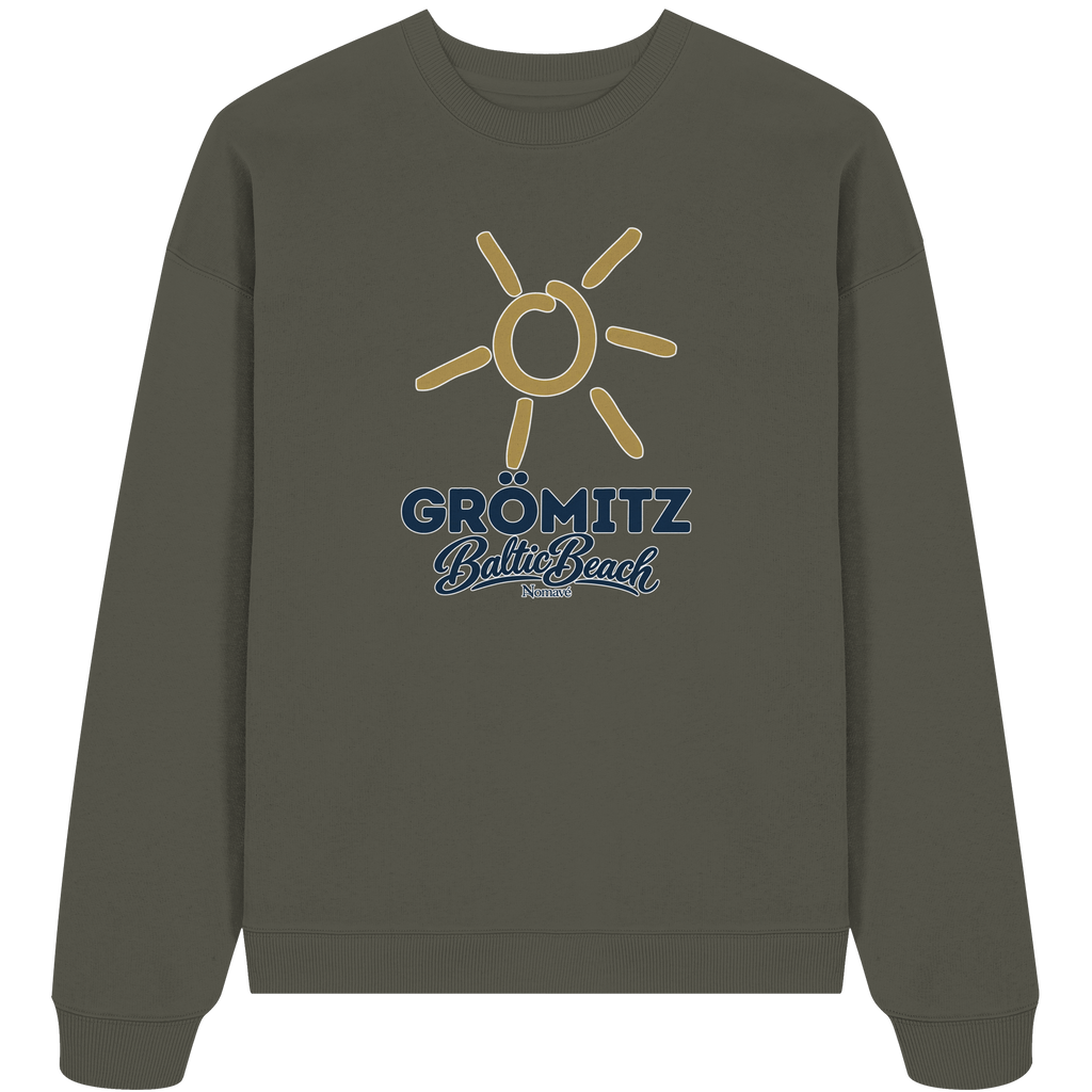 Bio Oversize Sweatshirt Grömitz Sonne Baltic Beach in Khaki – Frontdruck mit goldener Sonne, Shirtigo-Originalmockup 7