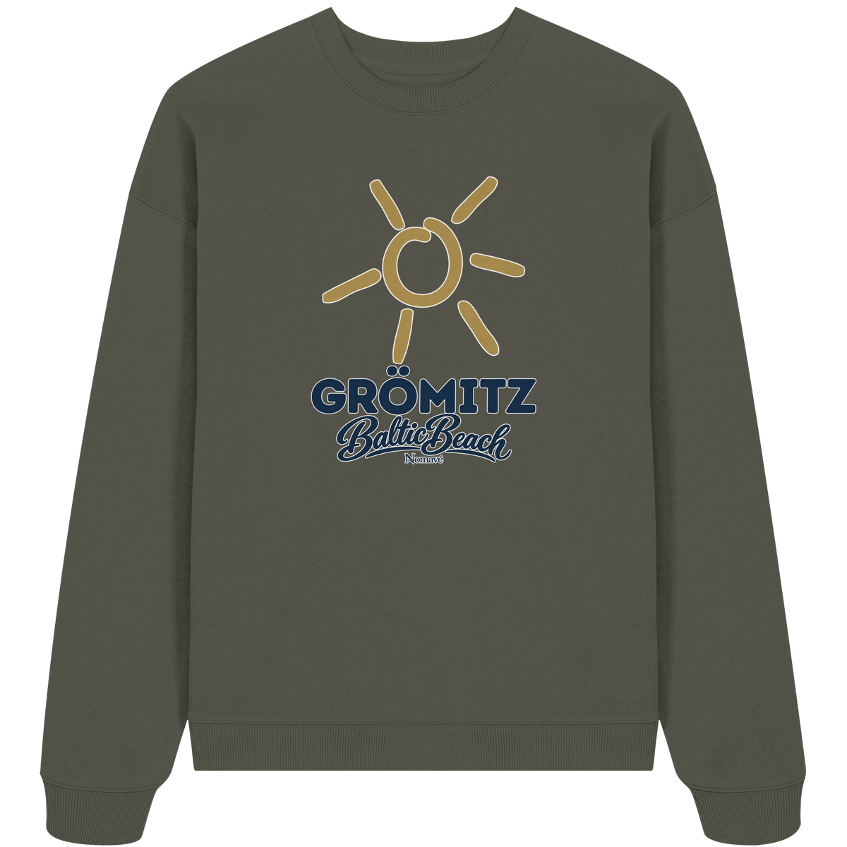 Bio Oversize Sweatshirt Grömitz Sonne Baltic Beach in Khaki – Frontdruck mit goldener Sonne, Shirtigo-Originalmockup 7