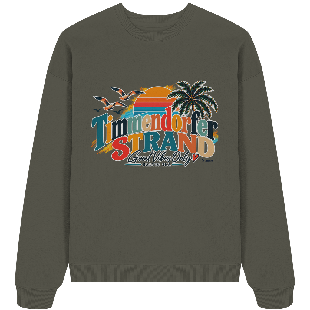 Unisex-Oversize-Sweatshirt in Khaki – Originalmockup der Vorderseite mit Timmendorfer-Strand-Good-Vibes-Only-Frontprint.