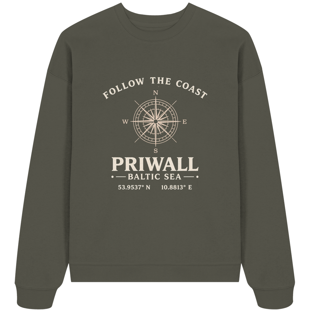 Khakifarbenes Priwall Follow the Coast Oversize Bio-Sweatshirt mit Kompassprint