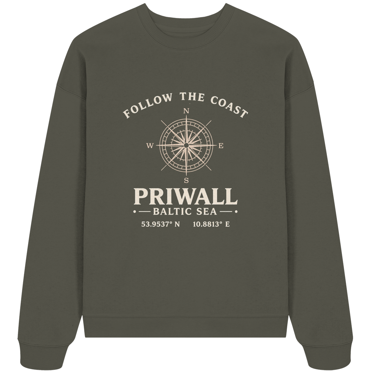 Khakifarbenes Priwall Follow the Coast Oversize Bio-Sweatshirt mit Kompassprint