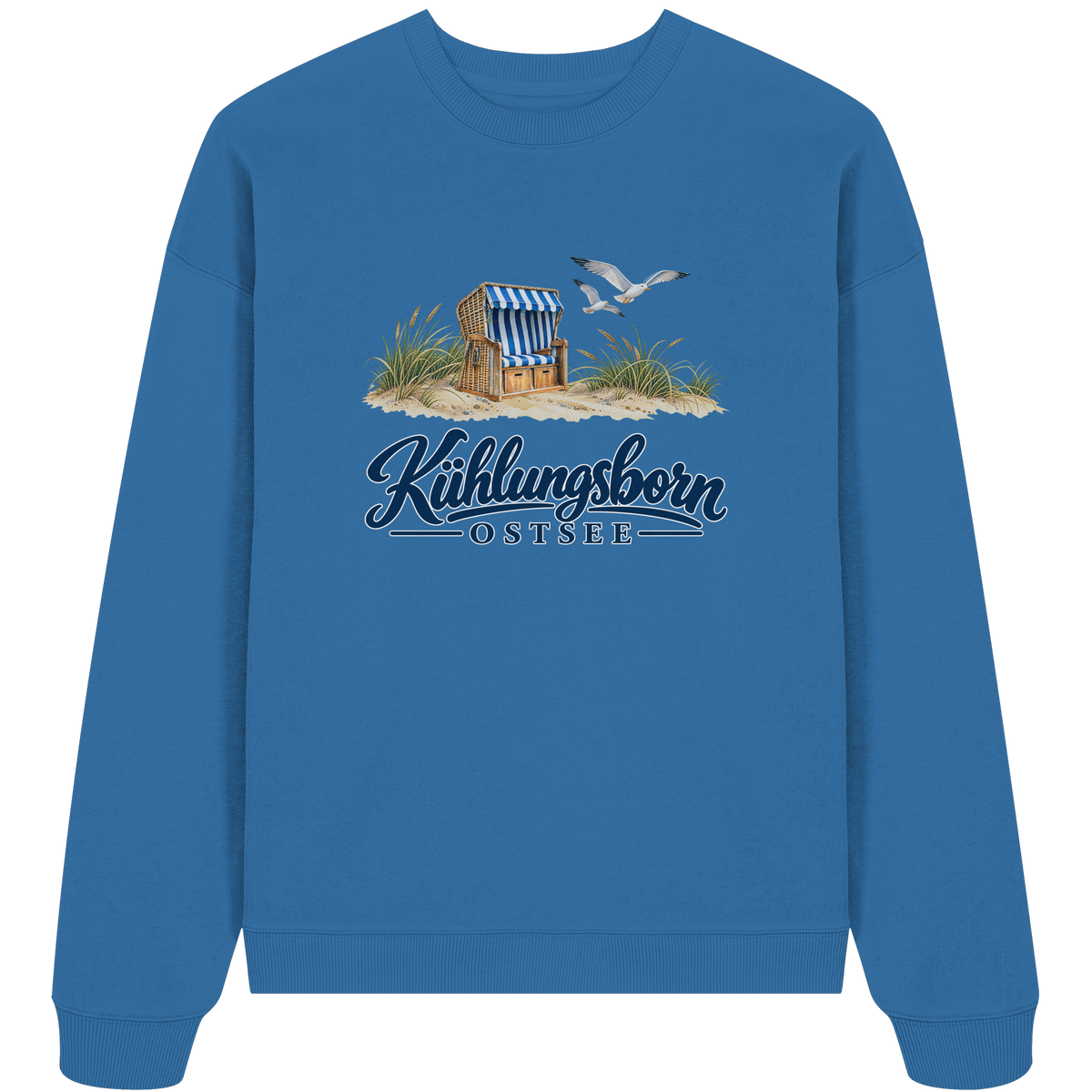 Bio-Oversize-Sweatshirt Kühlungsborn – Strandkorb & Ostsee, Mindful Blue, Shirtigo-Originalmockup der bedruckten Vorderseite.