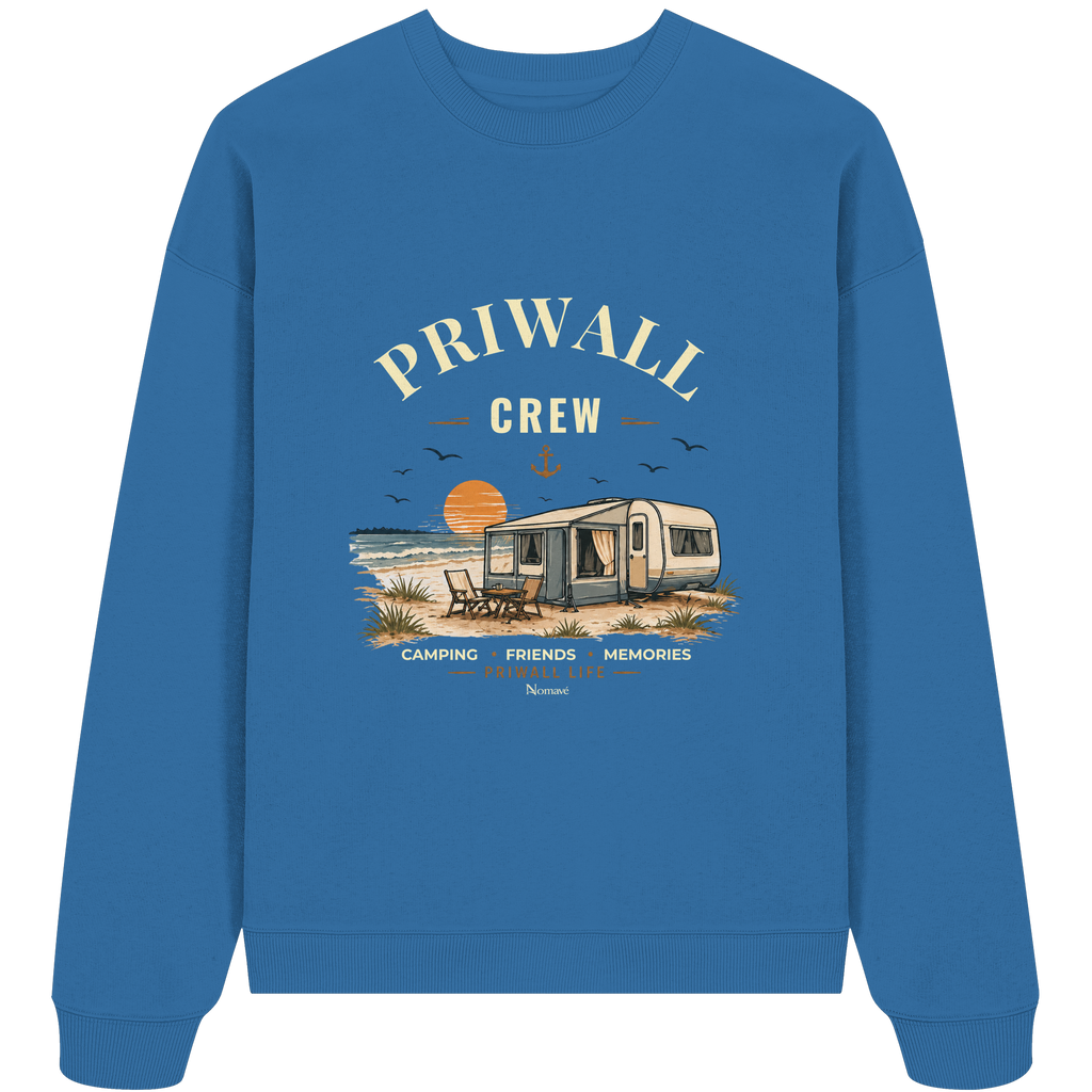 Bio Oversize Sweatshirt in Mindful Blue mit korrigiertem Priwall-Crew-Motiv der Dark Edition – Vorderansicht