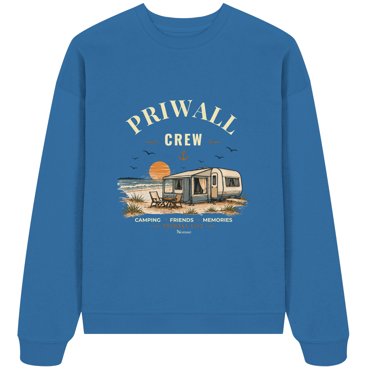 Bio Oversize Sweatshirt in Mindful Blue mit korrigiertem Priwall-Crew-Motiv der Dark Edition – Vorderansicht