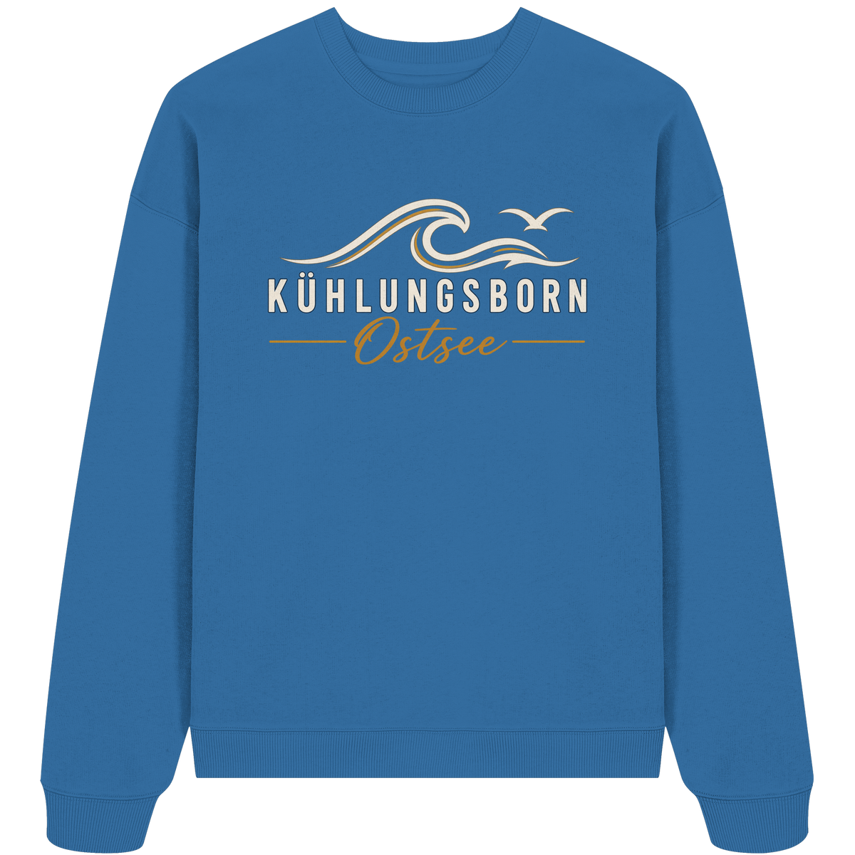 Shirtigo-Originalmockup: Bio-Oversize-Sweatshirt Kühlungsborn Baltic Waves, Dark Edition, Mindful Blue, Vorderansicht mit Motiv.