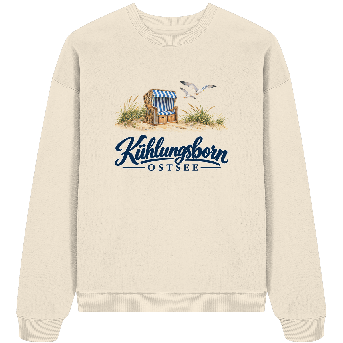 Bio-Oversize-Sweatshirt Kühlungsborn – Strandkorb & Ostsee, Natural Raw, Shirtigo-Originalmockup der bedruckten Vorderseite.