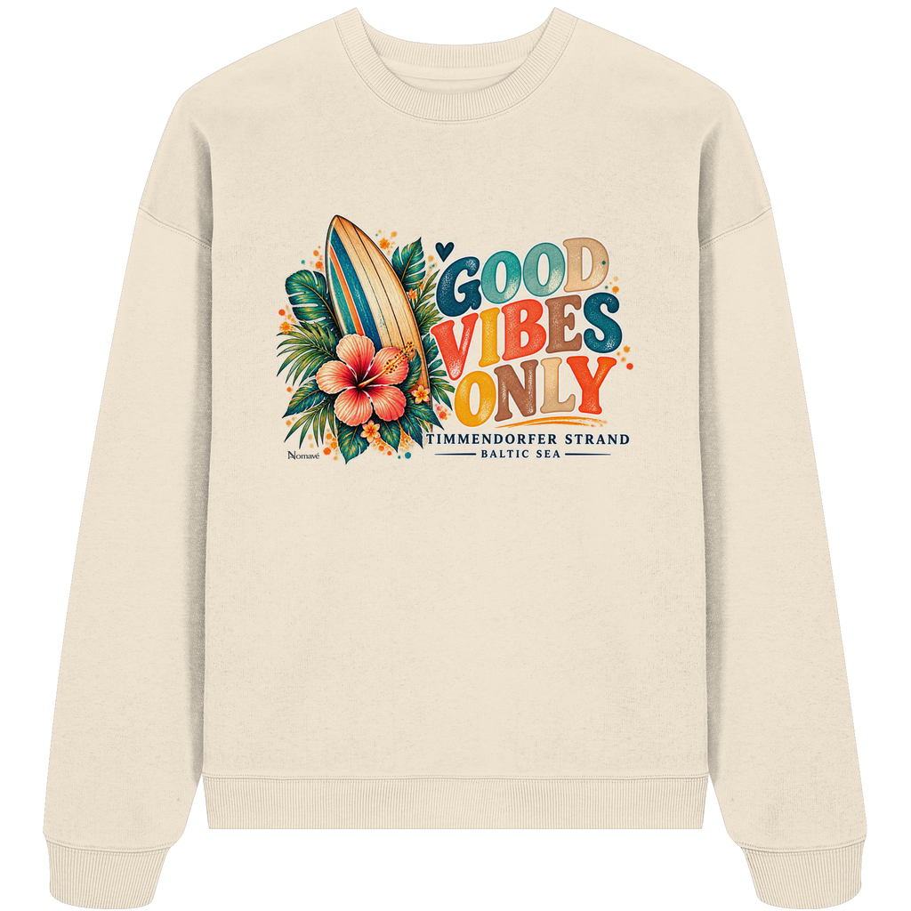 Timmendorfer Strand – Surf Vibes – Unisex Bio-Oversize-Sweatshirt mit Frontprint in Natural Raw – Shirtigo-Katalog-Vorderansicht.