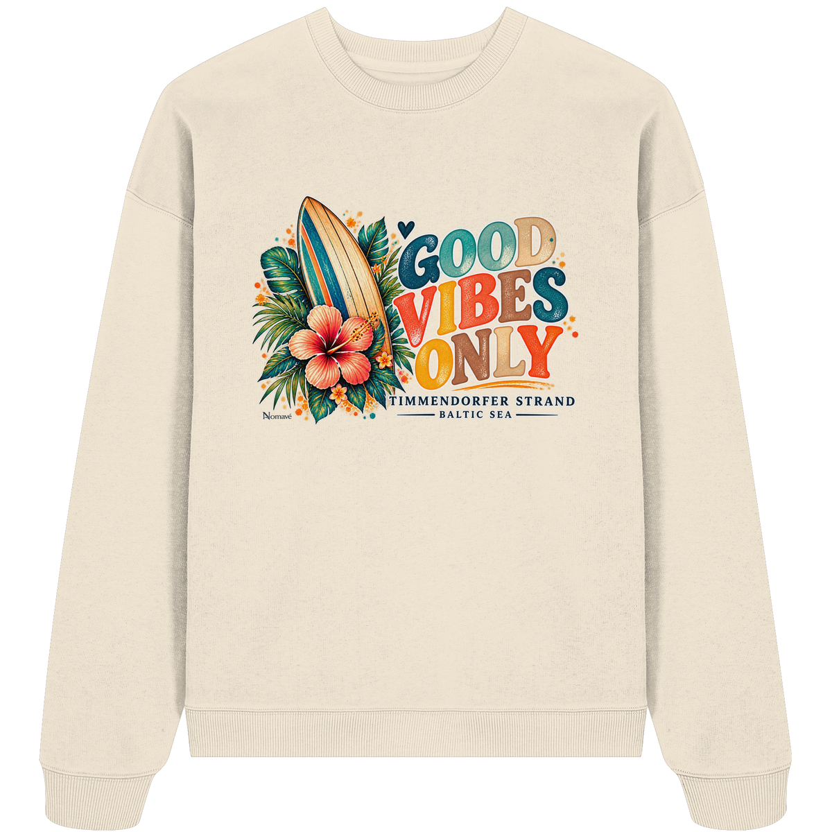 Timmendorfer Strand – Surf Vibes – Unisex Bio-Oversize-Sweatshirt mit Frontprint in Natural Raw – Shirtigo-Katalog-Vorderansicht.