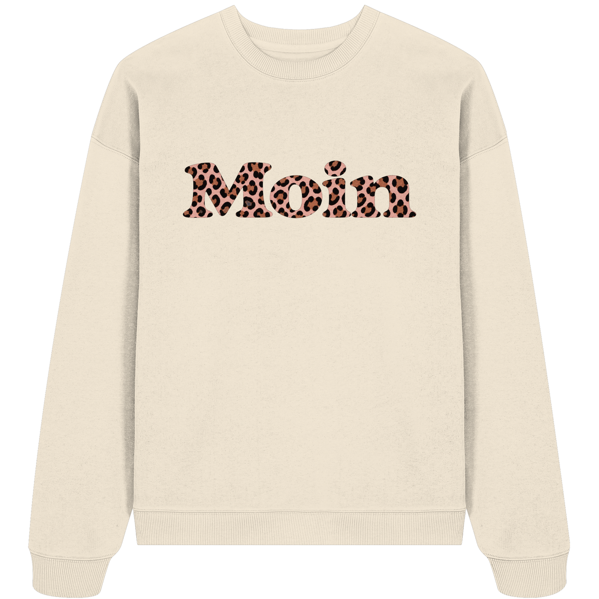 Bio-Oversize-Sweatshirt Natural Raw, Vorderansicht mit Moin Leo Blush Pink.
