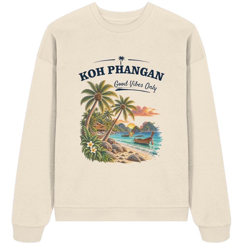 Koh Phangan Good Vibes Only – Bio Oversize Sweatshirt – Frontprint – Original-Mockup organic oversize sweatshirt natural raw mit Motivdruck