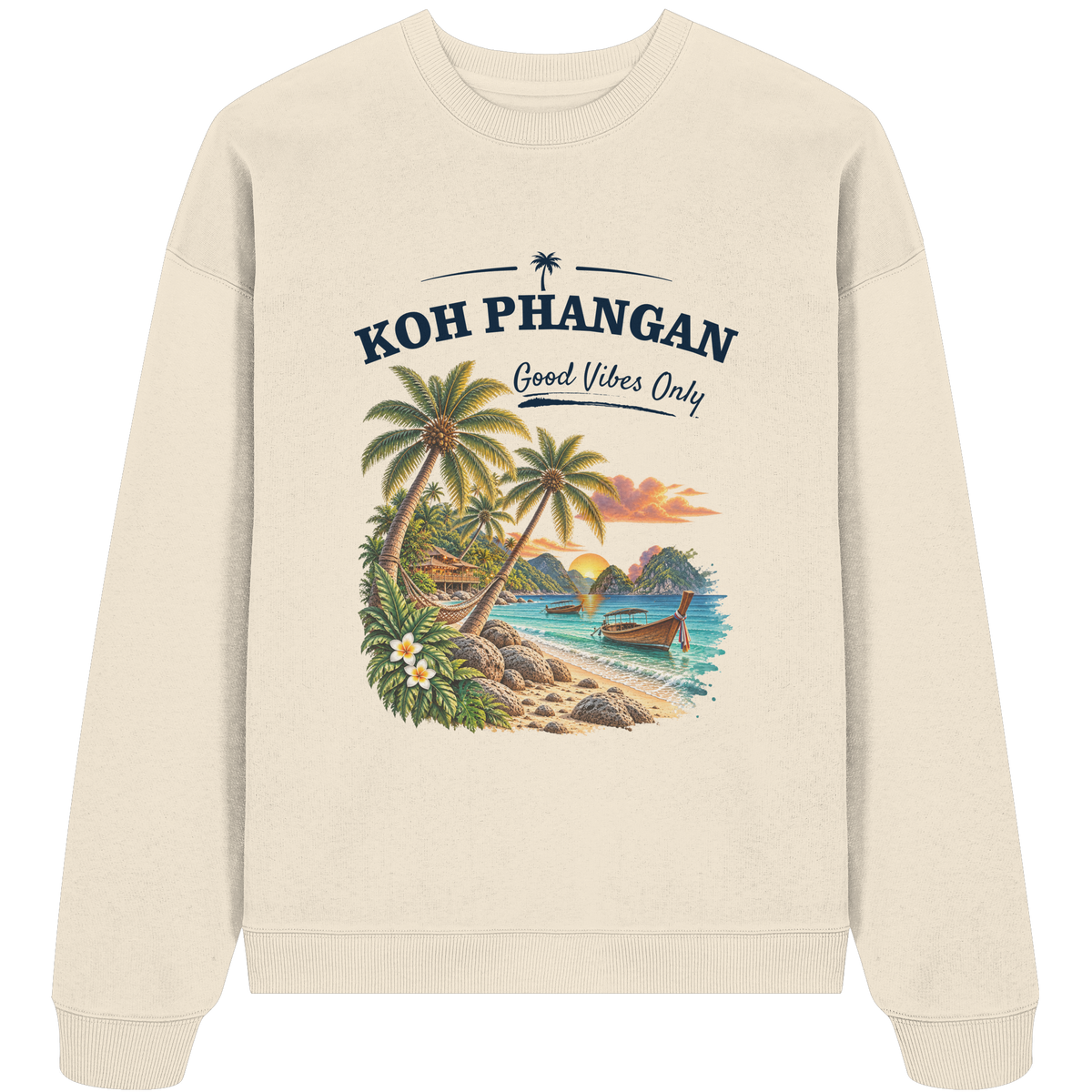 Koh Phangan Good Vibes Only – Bio Oversize Sweatshirt – Frontprint – Original-Mockup organic oversize sweatshirt natural raw mit Motivdruck