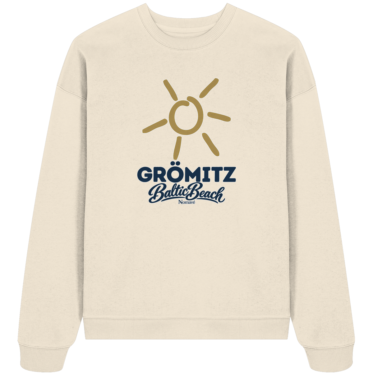 Bio Oversize Sweatshirt Grömitz Sonne Baltic Beach in Natural Raw – Frontdruck mit goldener Sonne, Shirtigo-Originalmockup 1