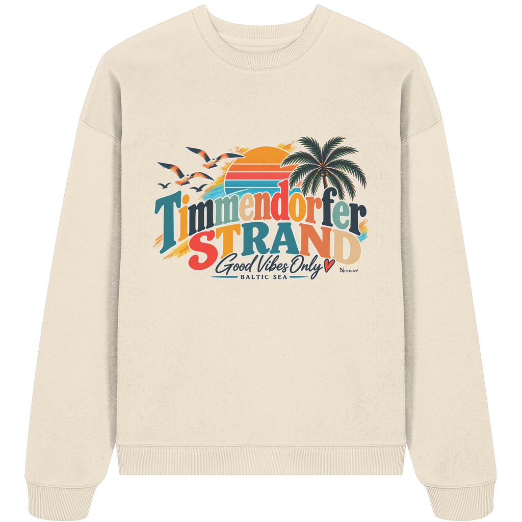 Unisex-Oversize-Sweatshirt in Natural Raw – Originalmockup der Vorderseite mit Timmendorfer-Strand-Good-Vibes-Only-Frontprint.