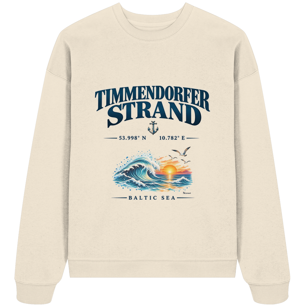 Original-Mockup 1: Unisex Bio-Oversize-Sweatshirt in Natural Raw mit Timmendorfer Strand – Baltic Sea Frontprint.