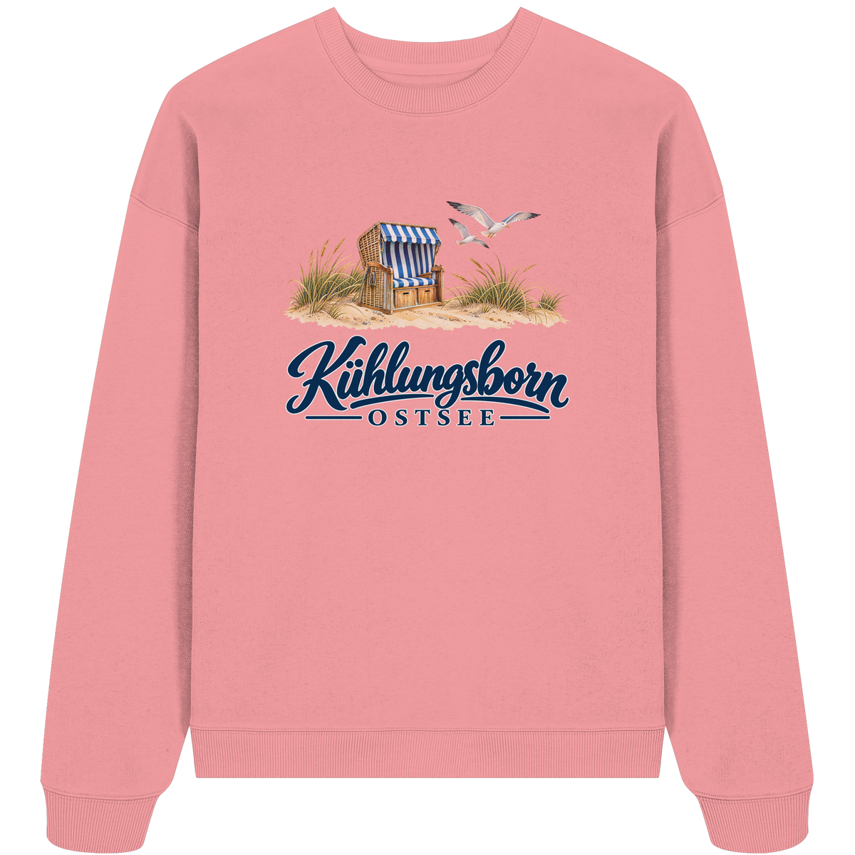 Bio-Oversize-Sweatshirt Kühlungsborn – Strandkorb & Ostsee, Pink Joy, Shirtigo-Originalmockup der bedruckten Vorderseite.