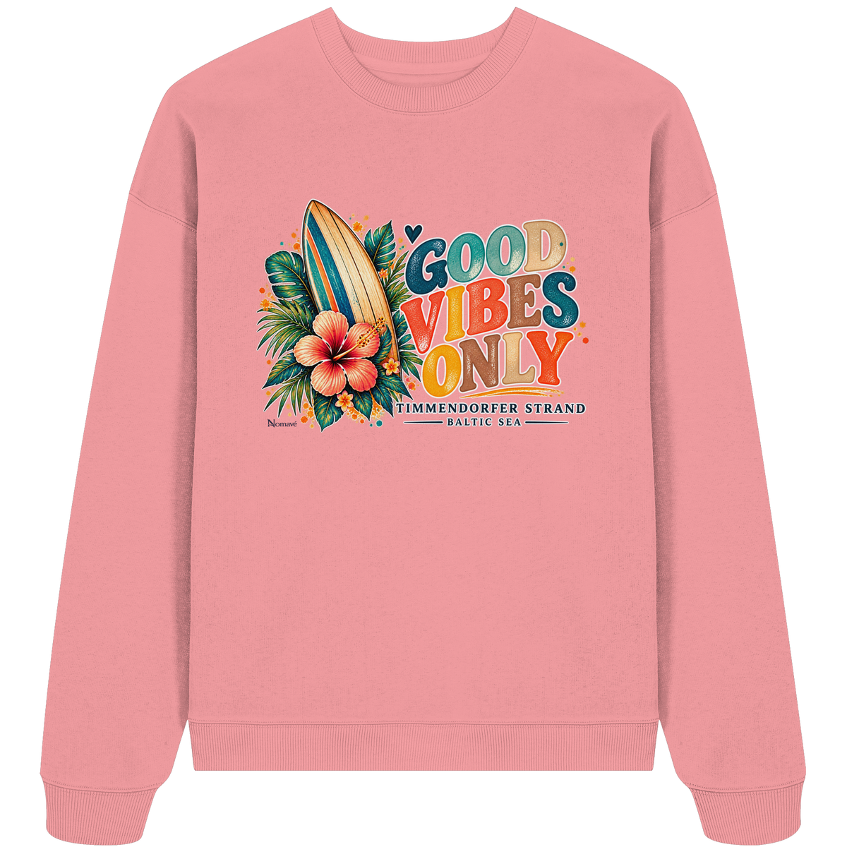 Timmendorfer Strand – Surf Vibes – Unisex Bio-Oversize-Sweatshirt mit Frontprint in Pink Joy – Shirtigo-Katalog-Vorderansicht.