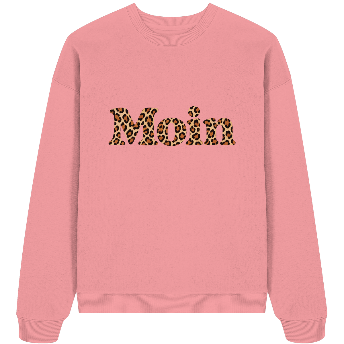 Original-Shirtigo-Mockup: Bio Oversize Sweatshirt in Pink Joy mit „Moin“ im Karamell-Leoprint auf der Vorderseite
