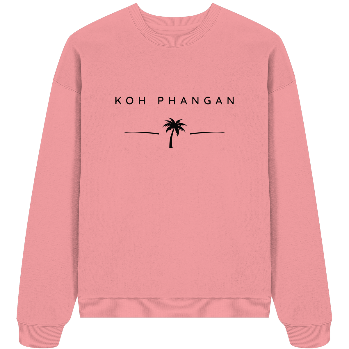Frontansicht des Bio Oversize Sweatshirt in Pink Joy mit Koh Phangan Minimal Palm Frontprint