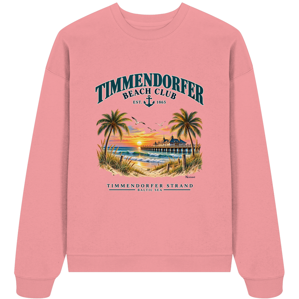 Originalmockup: Bio-Oversize-Sweatshirt in Pink Joy mit Timmendorfer-Beach-Club-Frontprint, Motivansicht.