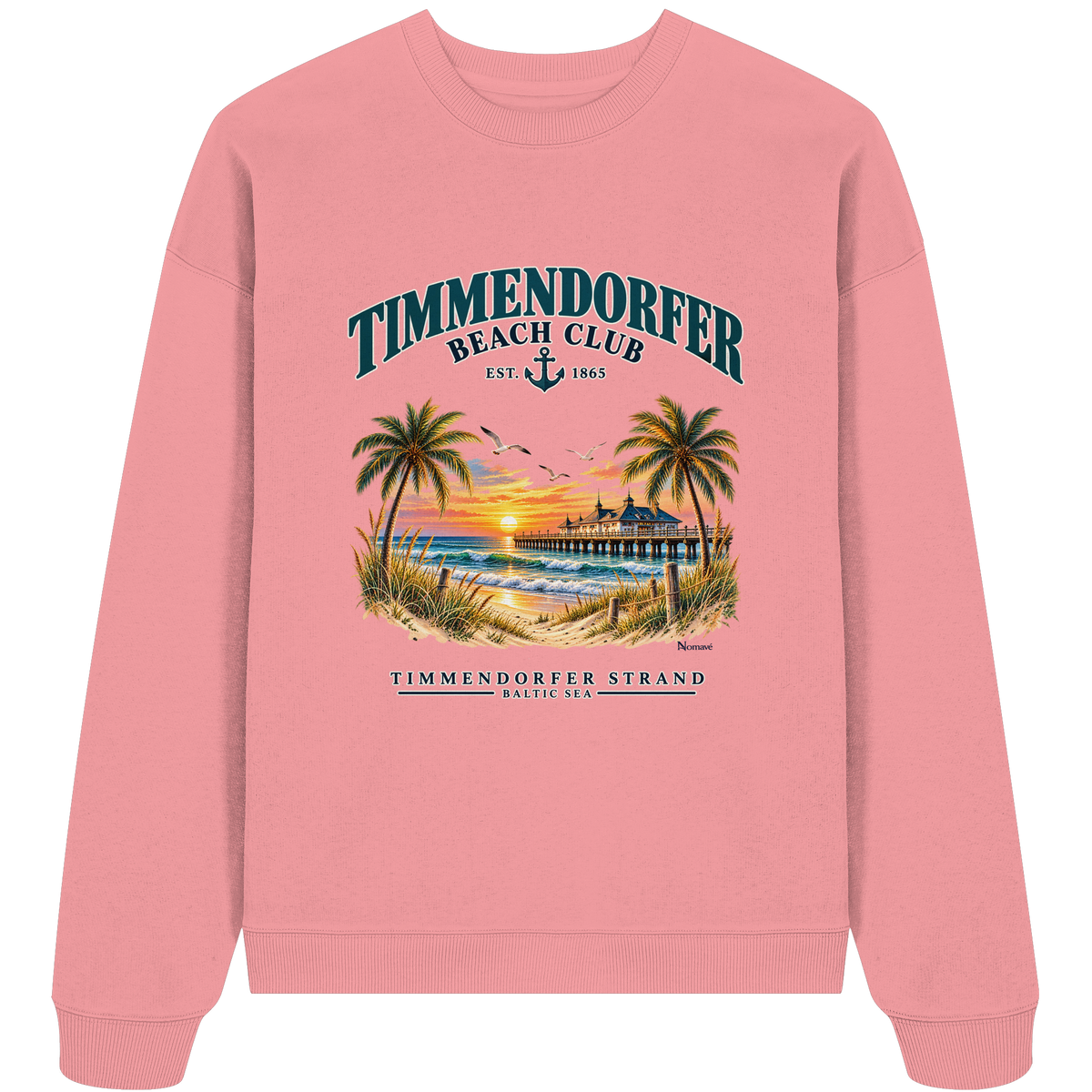 Originalmockup: Bio-Oversize-Sweatshirt in Pink Joy mit Timmendorfer-Beach-Club-Frontprint, Motivansicht.