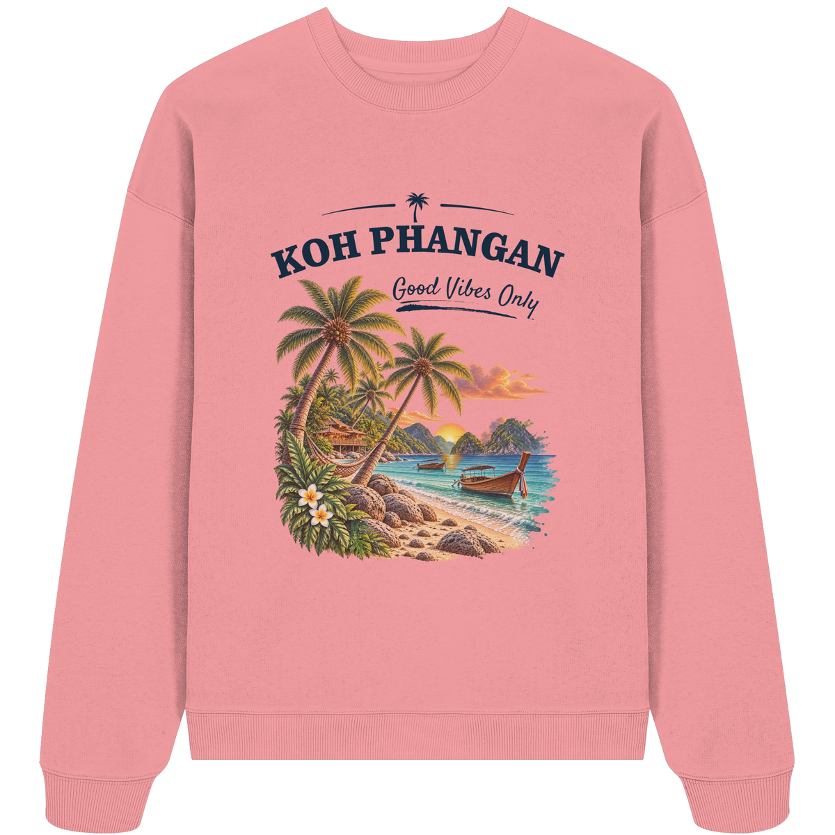 Koh Phangan Good Vibes Only – Bio Oversize Sweatshirt – Frontprint – Original-Mockup organic oversize sweatshirt pink joy mit Motivdruck