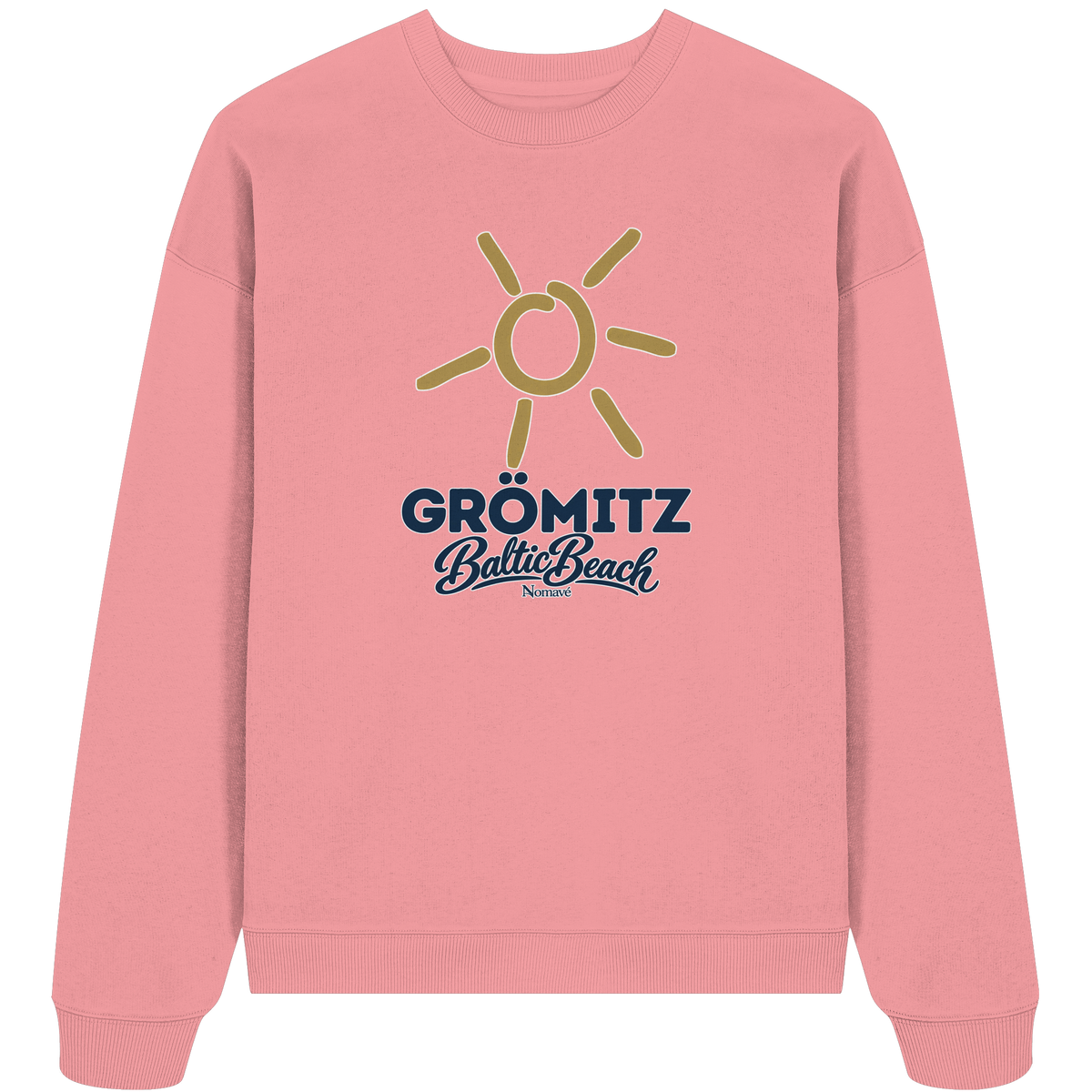 Bio Oversize Sweatshirt Grömitz Sonne Baltic Beach in Pink Joy – Frontdruck mit goldener Sonne, Shirtigo-Originalmockup 4