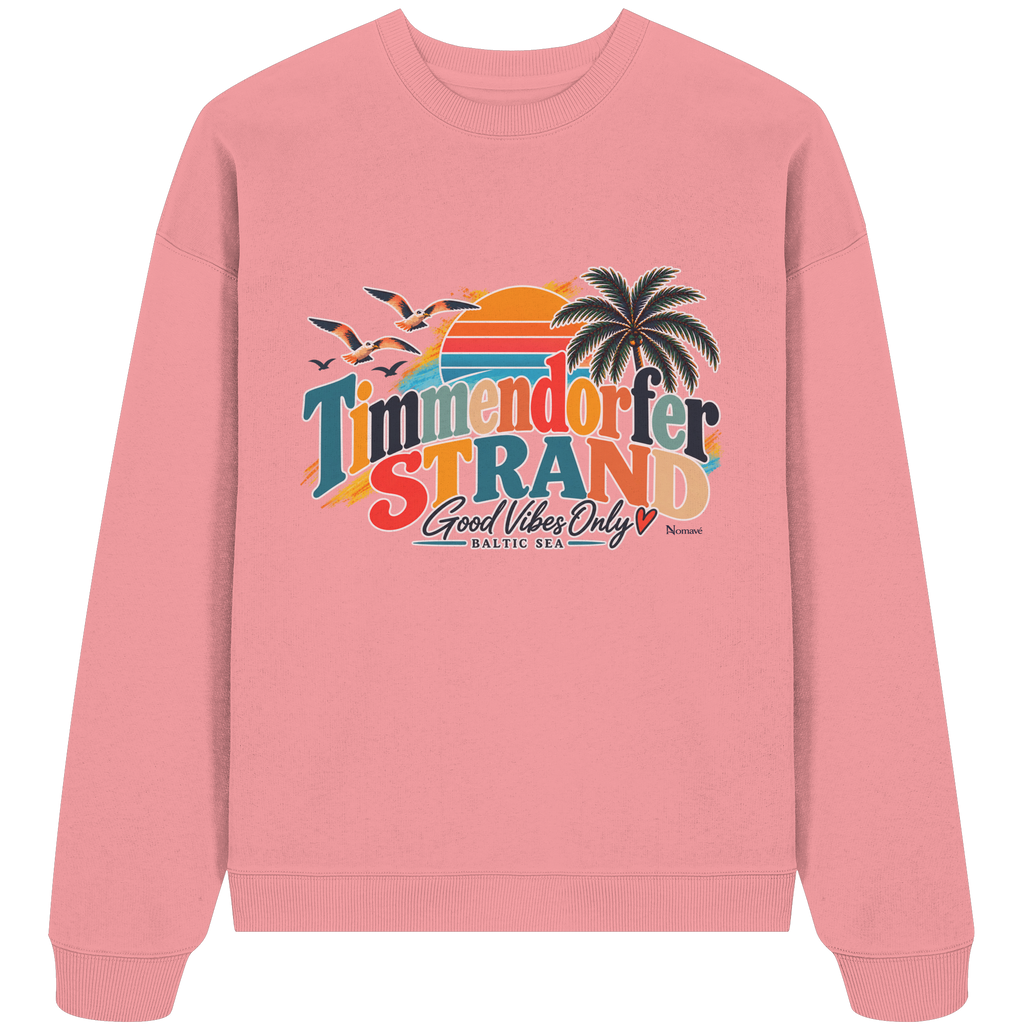 Unisex-Oversize-Sweatshirt in Pink Joy – Originalmockup der Vorderseite mit Timmendorfer-Strand-Good-Vibes-Only-Frontprint.