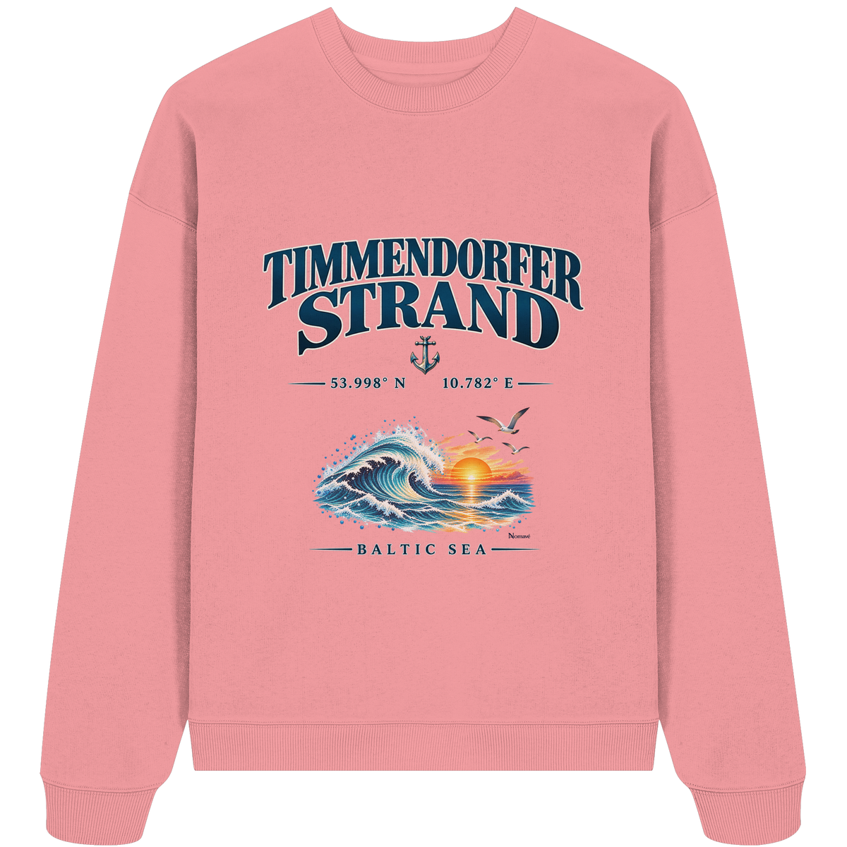 Original-Mockup 5: Unisex Bio-Oversize-Sweatshirt in Pink Joy mit Timmendorfer Strand – Baltic Sea Frontprint.