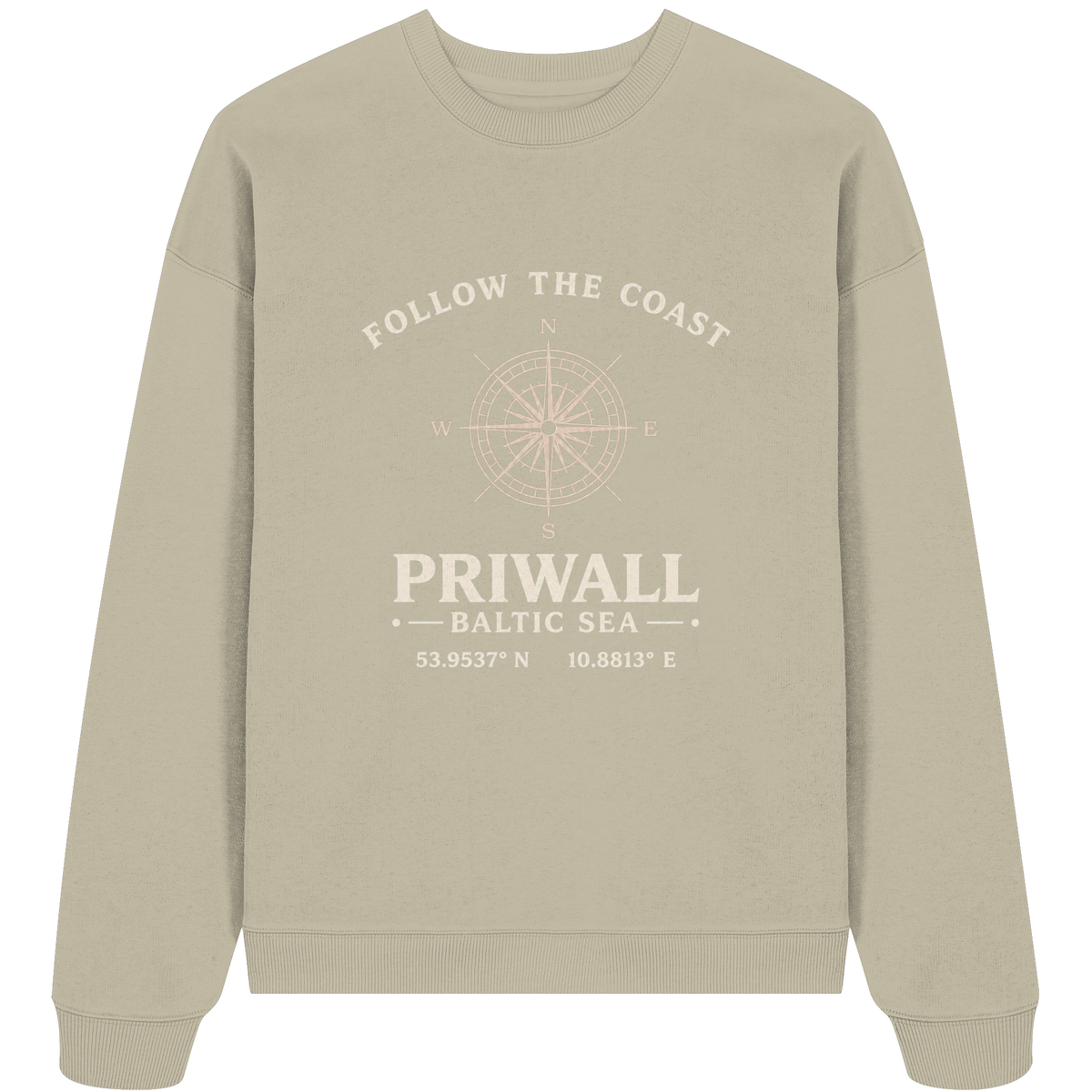 Oversize Bio-Sweatshirt in Stone mit Priwall Kompass und Koordinaten