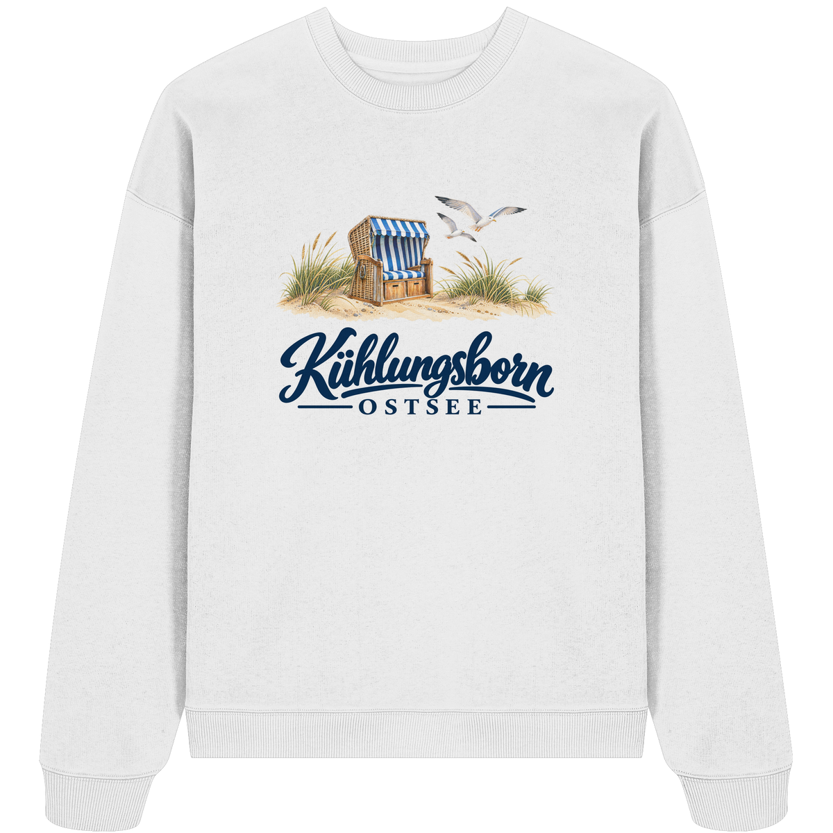 Bio-Oversize-Sweatshirt Kühlungsborn – Strandkorb & Ostsee, White, Shirtigo-Originalmockup der bedruckten Vorderseite.